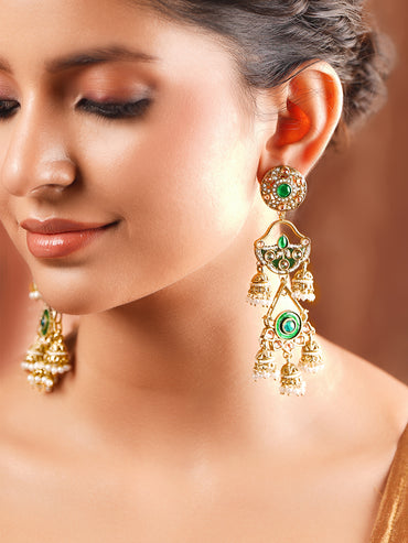 Gold Plated American Diamond Zirconia Multi Layered Emerald Green Duster Dangler Earrings