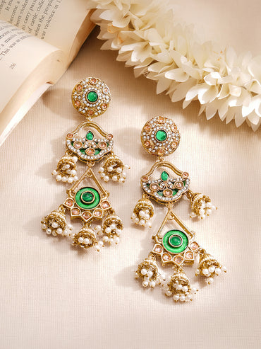 Gold Plated American Diamond Zirconia Multi Layered Emerald Green Duster Dangler Earrings