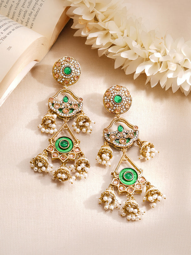 Gold Plated American Diamond Zirconia Multi Layered Emerald Green Duster Dangler Earrings