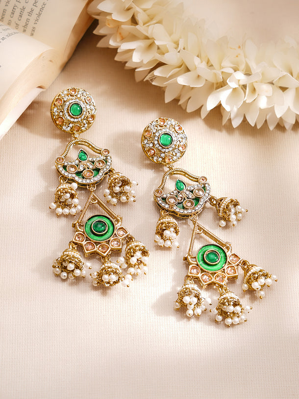 Gold Plated American Diamond Zirconia Multi Layered Emerald Green Duster Dangler Earrings