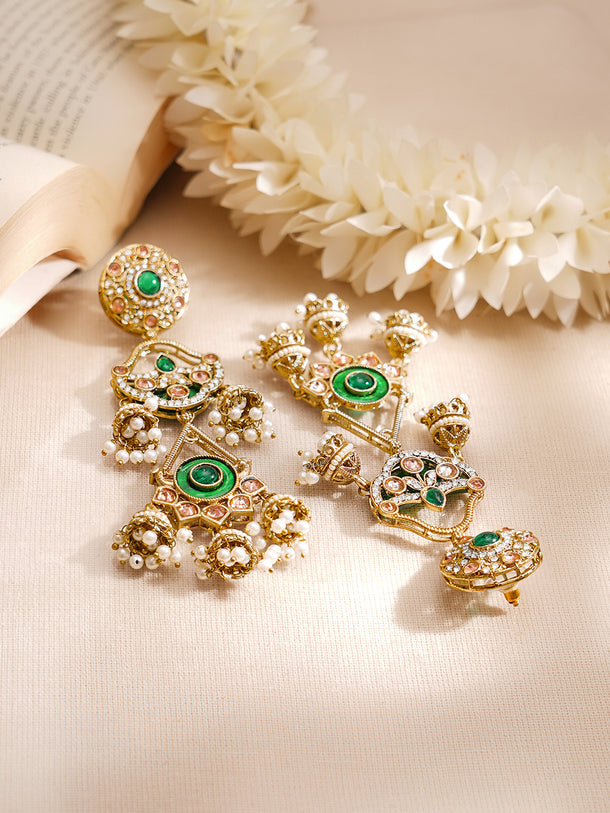 Gold Plated American Diamond Zirconia Multi Layered Emerald Green Duster Dangler Earrings