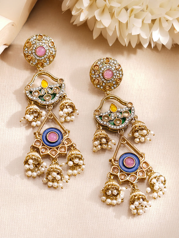 Gold Plated Multi Layered Pearl Drop Dangler Jhumkas