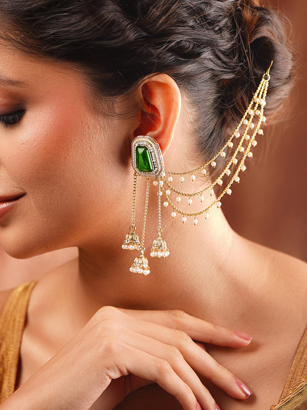 Gold Plated Emerald Dew Antique Gold Pearl Ear Chain Earrings