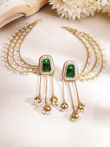 Gold Plated Emerald Dew Antique Gold Pearl Ear Chain Earrings