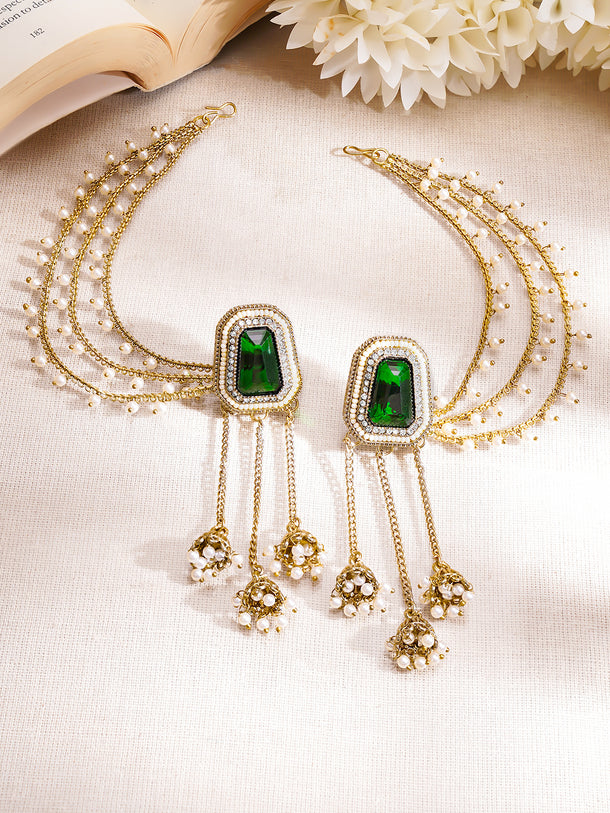 Gold Plated Emerald Dew Antique Gold Pearl Ear Chain Earrings