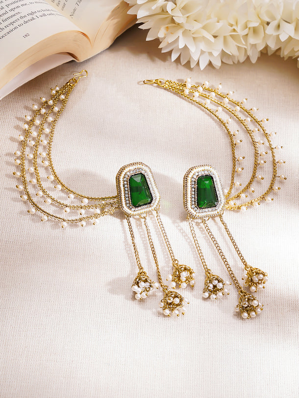 Gold Plated Emerald Dew Antique Gold Pearl Ear Chain Earrings