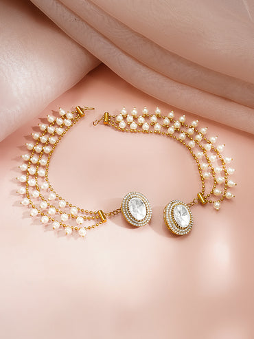 Gold Plated Pearl Detailed Kundan Kaan Chain