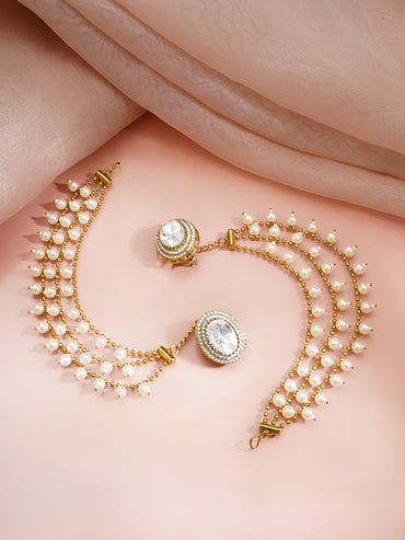 Gold Plated Pearl Detailed Kundan Kaan Chain