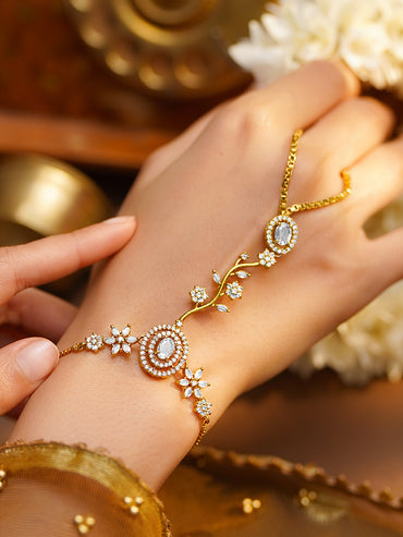Gold Plated American Diamond Zirconia Floral Hathphool