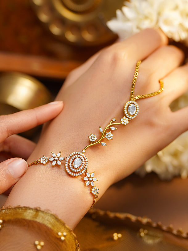 Gold Plated American Diamond Zirconia Floral Hathphool