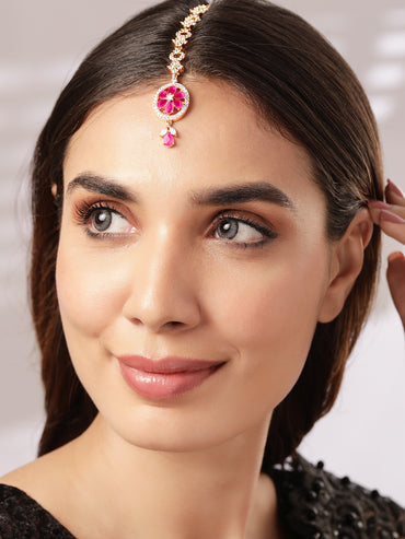 Rubans Women 22K Rose Gold-Plated Ruby Pink & White Cubic Zirconia Studded Handcrafted Maang Tikka