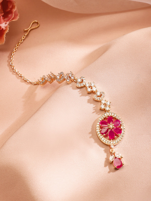 Rubans Women 22K Rose Gold-Plated Ruby Pink & White Cubic Zirconia Studded Handcrafted Maang Tikka