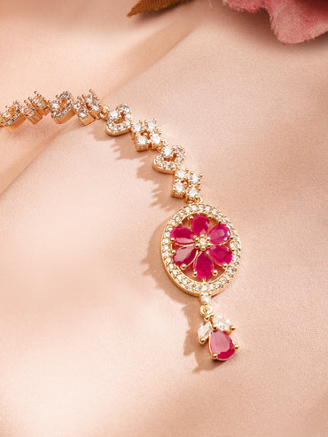Rubans Women 22K Rose Gold-Plated Ruby Pink & White Cubic Zirconia Studded Handcrafted Maang Tikka