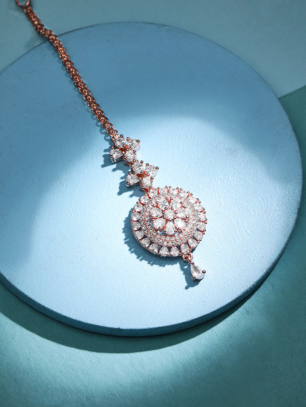 Rubans Rose Gold-Plated White Stoned Round Shapped AD-Studded MaangTikka