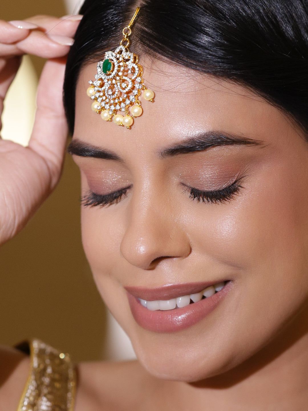 Rubans 22K Gold-Plated Emerald Studded And Pearls Beaded Maang Tikka