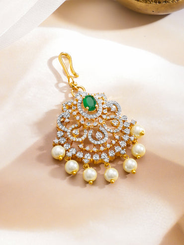 Rubans 22K Gold-Plated Emerald Studded And Pearls Beaded Maang Tikka