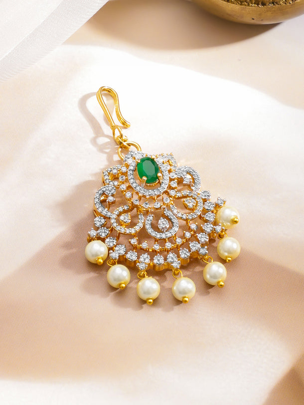 Rubans 22K Gold-Plated Emerald Studded And Pearls Beaded Maang Tikka