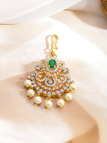 Rubans 22K Gold-Plated Emerald Studded And Pearls Beaded Maang Tikka