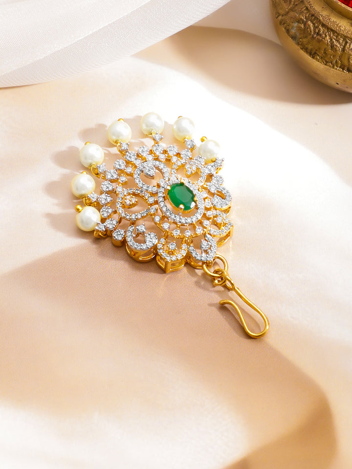 Rubans 22K Gold-Plated Emerald Studded And Pearls Beaded Maang Tikka