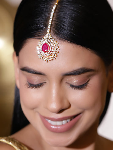 Rubans 18K Gold-Plated Ruby Red Stone & White Cubic Zirconia Embellished Maangtikka