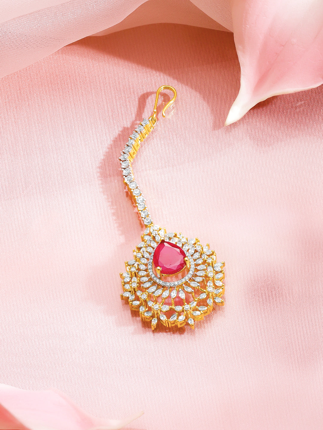 Rubans 18K Gold-Plated Ruby Red Stone & White Cubic Zirconia Embellished Maangtikka