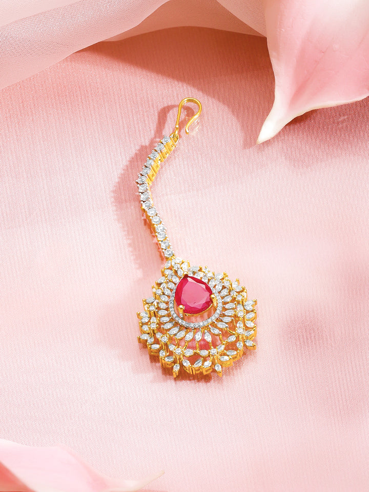 Rubans 18K Gold-Plated Ruby Red Stone & White Cubic Zirconia Embellished Maangtikka
