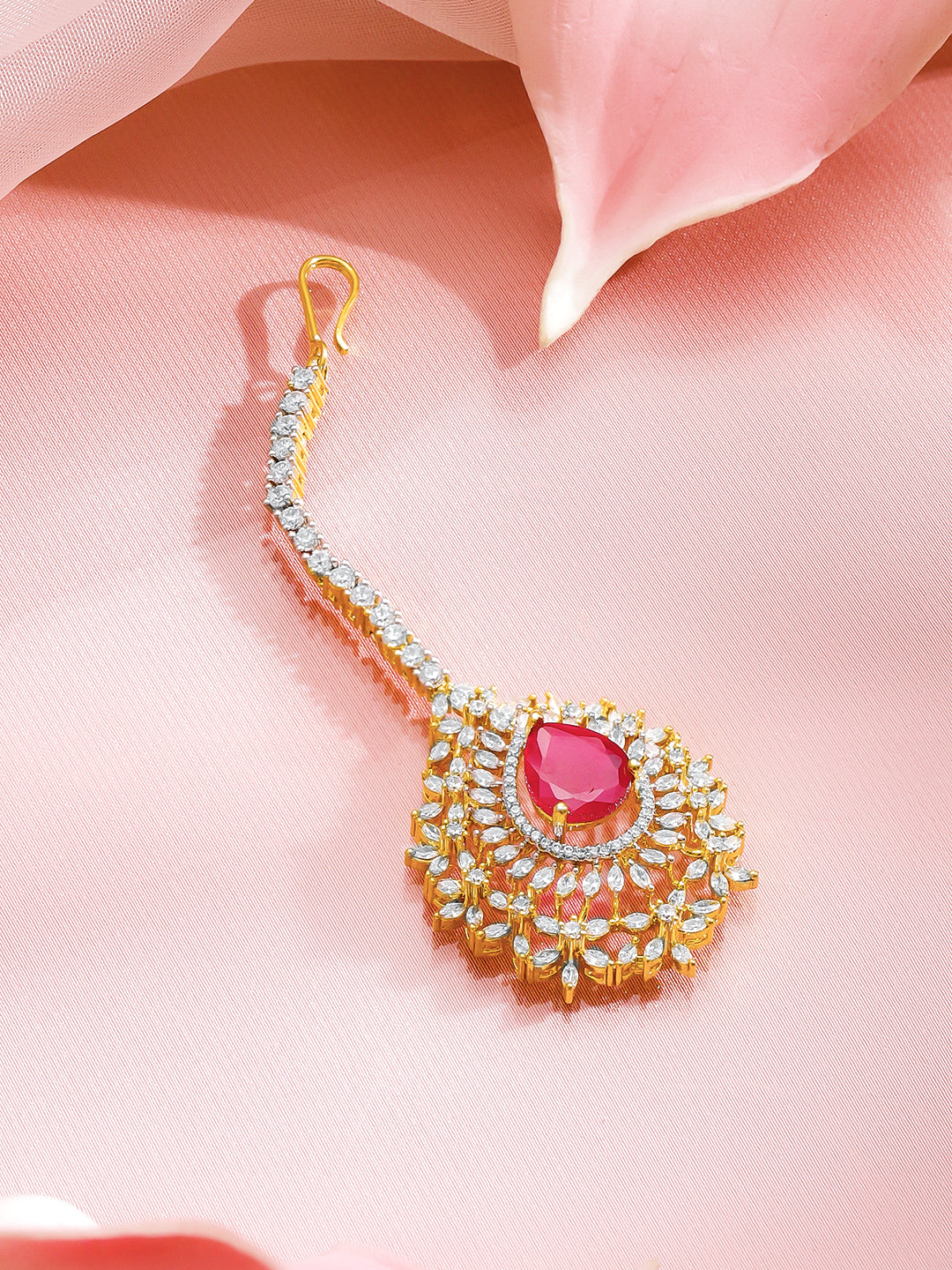 Rubans 18K Gold-Plated Ruby Red Stone & White Cubic Zirconia Embellished Maangtikka