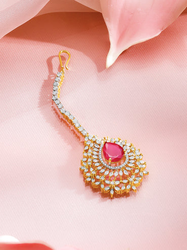 Rubans 18K Gold-Plated Ruby Red Stone & White Cubic Zirconia Embellished Maangtikka