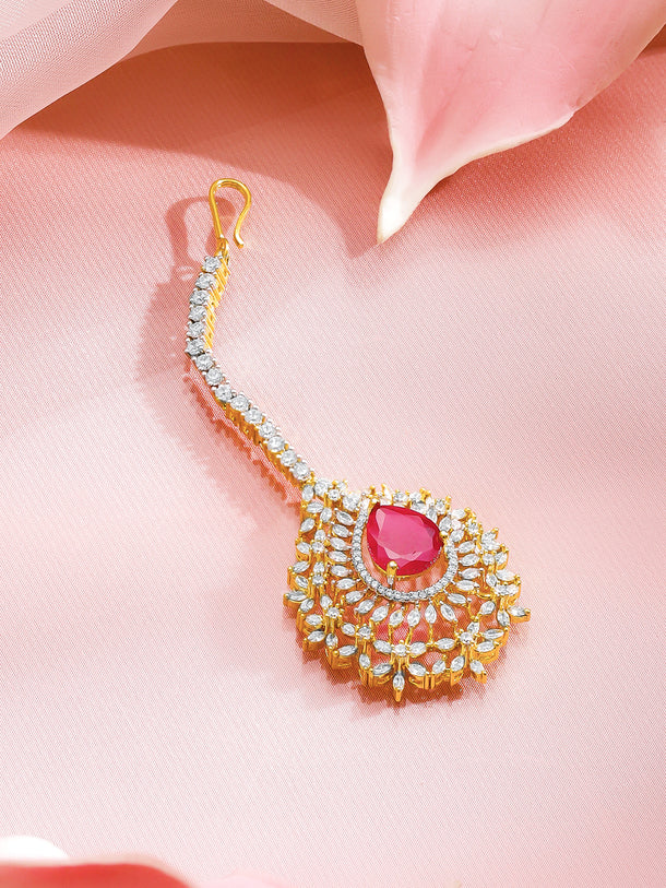 Rubans 18K Gold-Plated Ruby Red Stone & White Cubic Zirconia Embellished Maangtikka