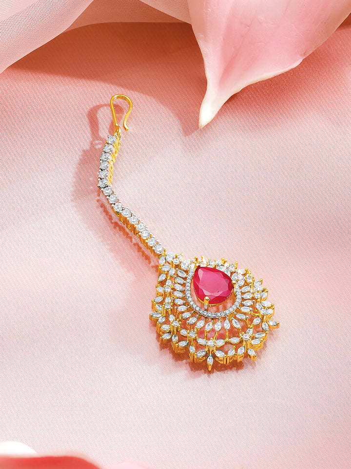 Rubans 18K Gold-Plated Ruby Red Stone & White Cubic Zirconia Embellished Maangtikka
