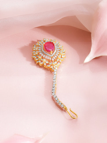 Rubans 18K Gold-Plated Ruby Red Stone & White Cubic Zirconia Embellished Maangtikka