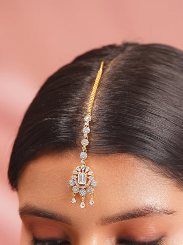 Gold Plated Sparkle Cubic Zirconia Teardrop Maangtikka