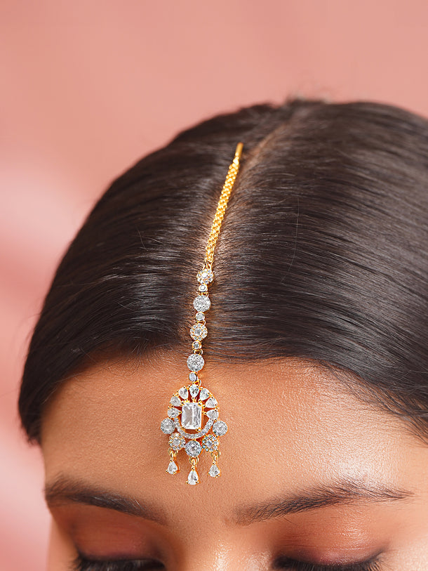 Gold Plated Sparkle Cubic Zirconia Teardrop Maangtikka