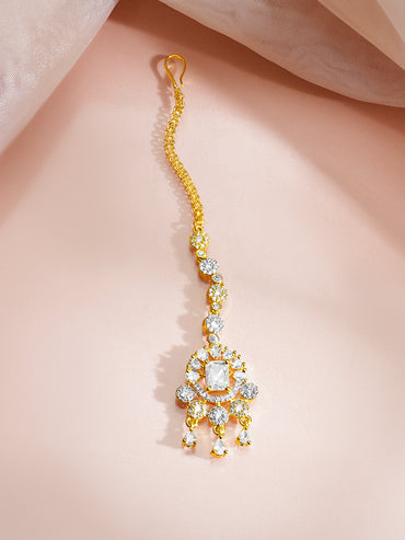 Gold Plated Sparkle Cubic Zirconia Teardrop Maangtikka