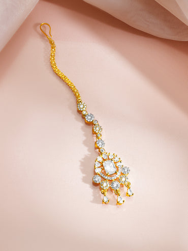 Gold Plated Sparkle Cubic Zirconia Teardrop Maangtikka