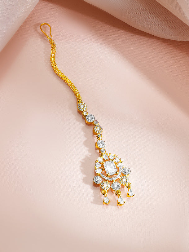 Gold Plated Sparkle Cubic Zirconia Teardrop Maangtikka