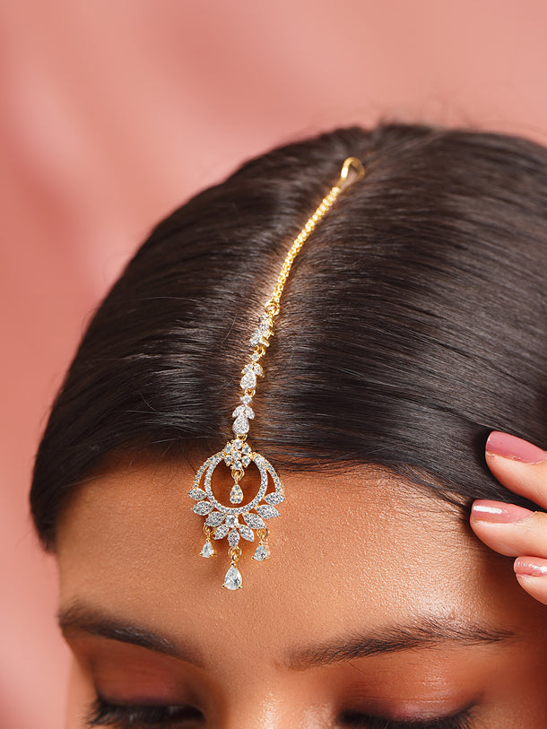 Gold Plated Bloom Crystal Crown Maangtikka