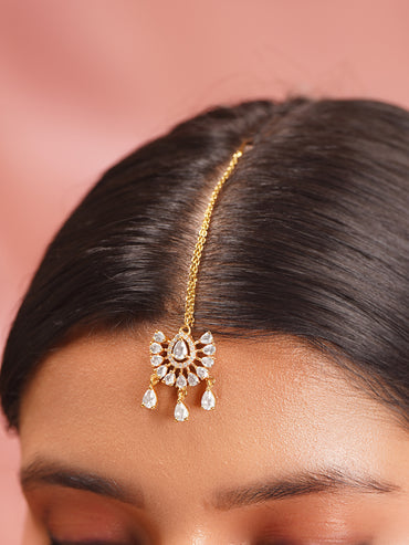 Gold Plated American Diamond Zirconia Teardrop Maang Tikka