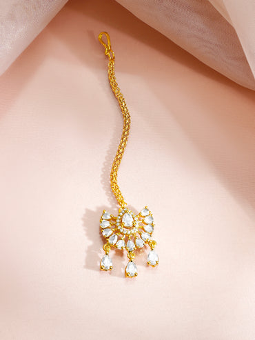 Gold Plated American Diamond Zirconia Teardrop Maang Tikka