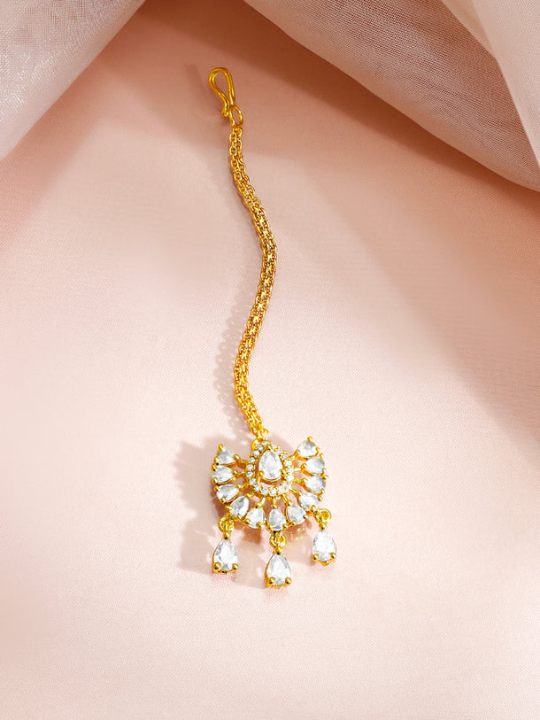 Gold Plated American Diamond Zirconia Teardrop Maang Tikka