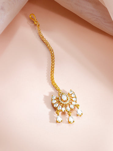 Gold Plated American Diamond Zirconia Teardrop Maang Tikka