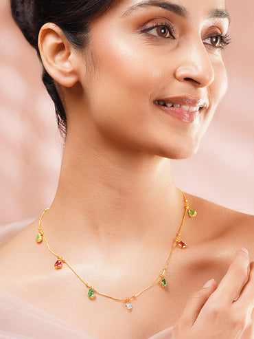 Gold Plated Rainbow Dewdrop Crystal Charm Chain Necklace