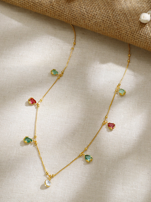 Gold Plated Rainbow Dewdrop Crystal Charm Chain Necklace