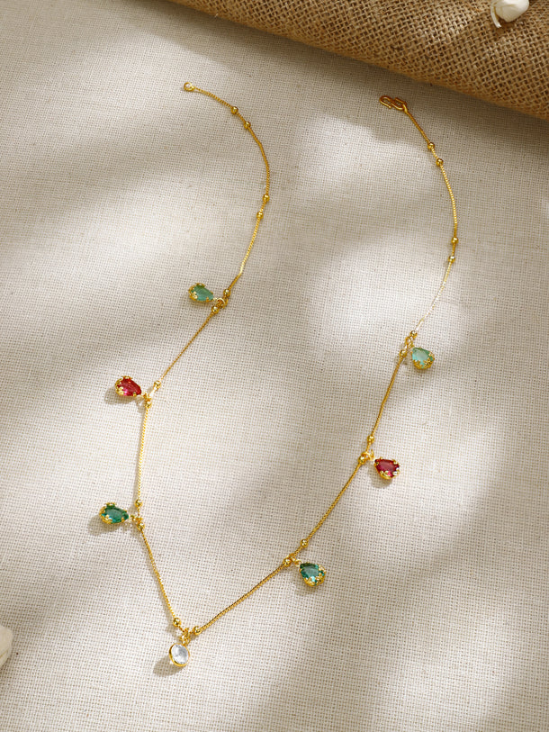 Gold Plated Rainbow Dewdrop Crystal Charm Chain Necklace
