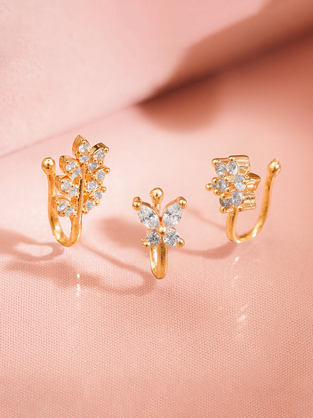 Set of 3 Gold Plated Floral American Diamond Zirconia Nose Accessories