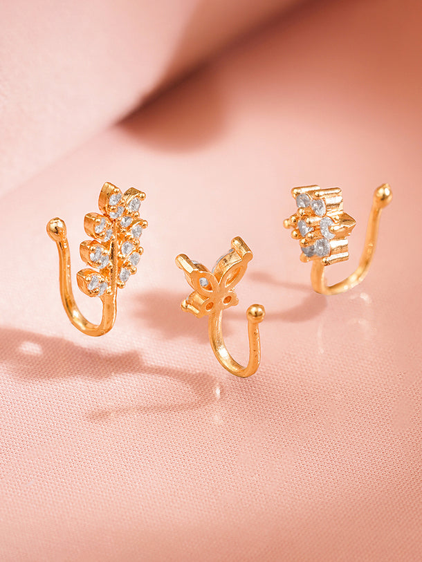 Set of 3 Gold Plated Floral American Diamond Zirconia Nose Accessories