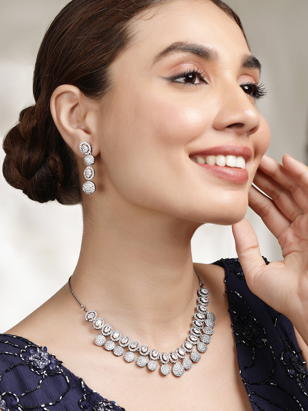 Rubans Silver Plated Hand Crafted Enchanting CZ Studded Necklace Set