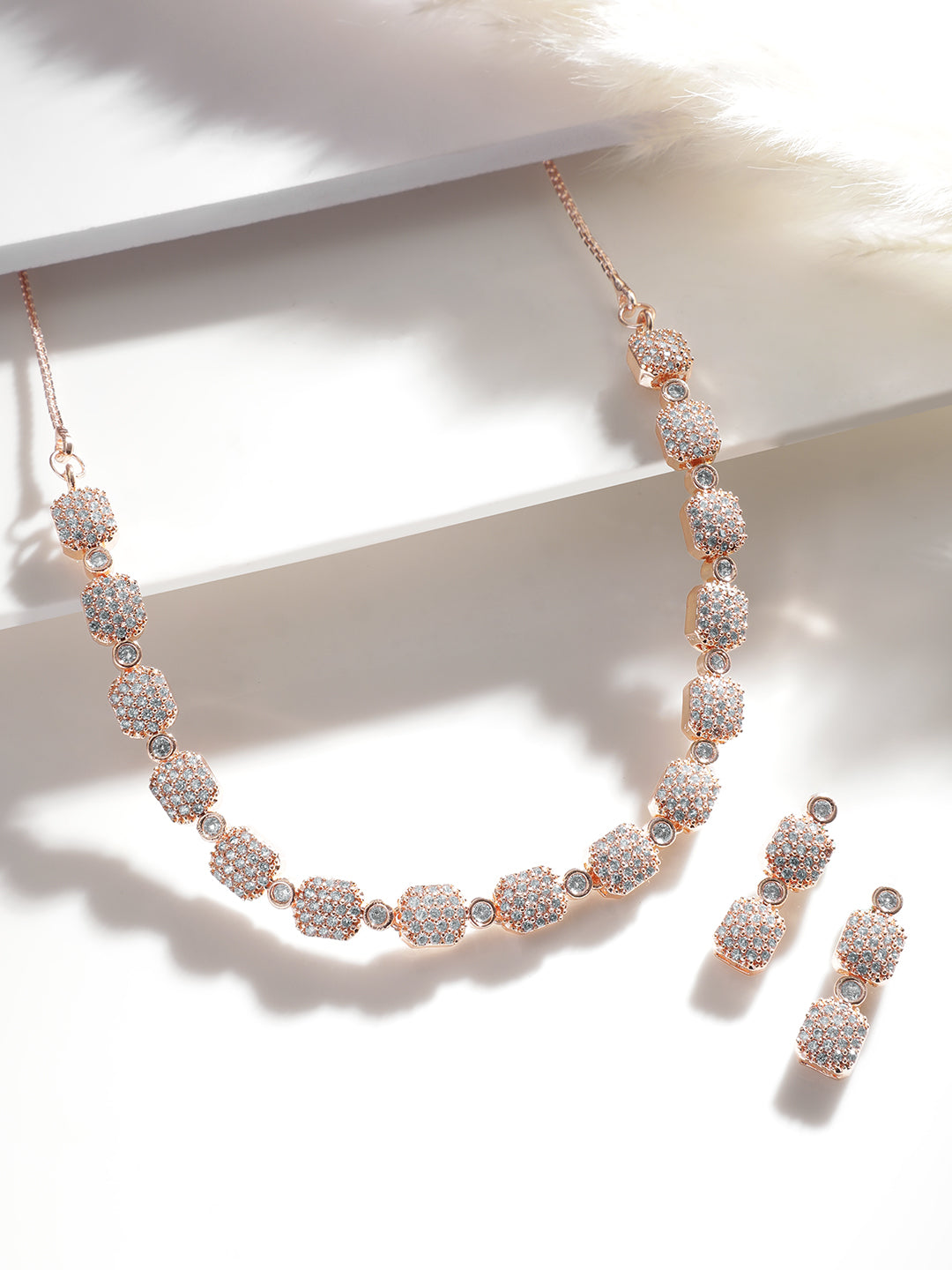 Rubans Rose Gold-Plated White AD-Studded Jewellery Set