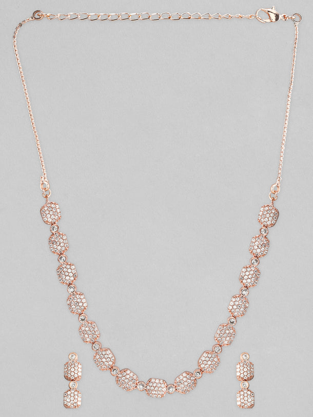 Rubans Rose Gold-Plated White AD-Studded Jewellery Set