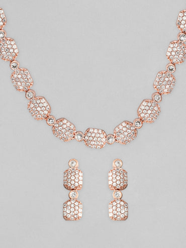 Rubans Rose Gold-Plated White AD-Studded Jewellery Set